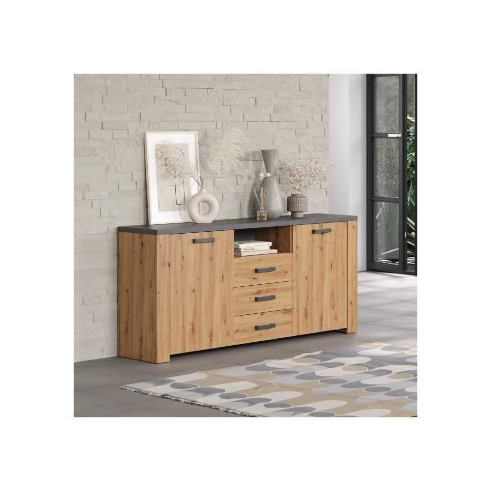 Buffet FOLLOW - Mélamine chene artisan et gris ardoise - 2 Portes + 3